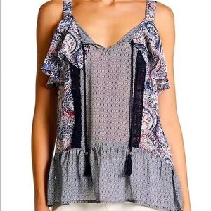 DR2 Daniel Rainn Sheer Boho Sleeveless Top Blue Paisley Size S